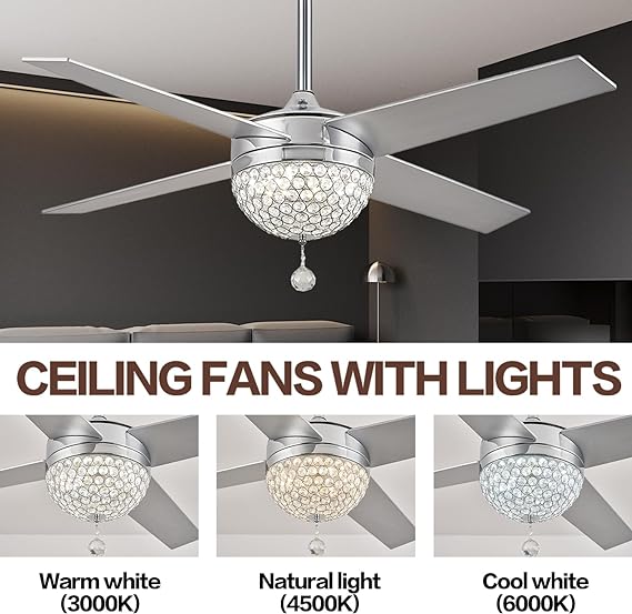 Modern Elegance: 52 Inch Crystal Ceiling Fan with Light and Remote