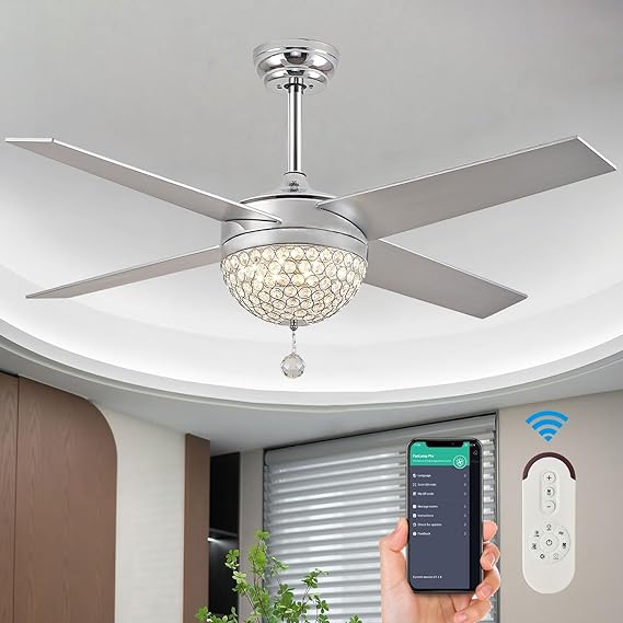 Modern Elegance: 52 Inch Crystal Ceiling Fan with Light and Remote 